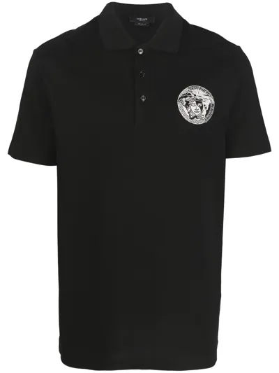 Versace Polo Tessuto Piquet Cotone Bio Con Ricamo Medusa A Tre Fili In Black