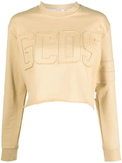 Gcds Logo Cotton Cropped Sweatshirt In Beige