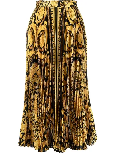 Versace Baroque Heritage Print Twill Pleated Midi Skirt In Black Gold