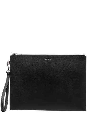 Saint Laurent Logo Zipped Clutch In Black