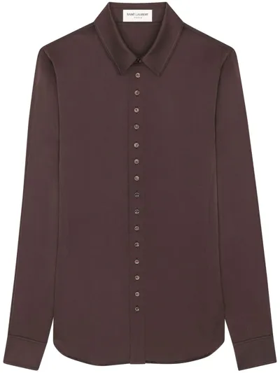 Saint Laurent Fitting Shirt In Washed Silk Satin In Chocolat