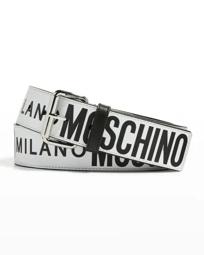 Moschino Men's Allover Logo Leather Belt In White Multi