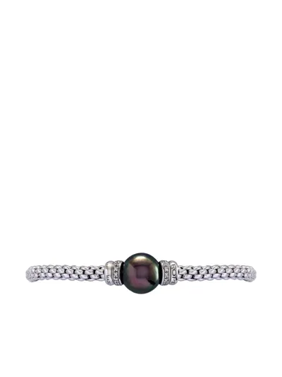 Fope 18kt White Gold Flexible Black Pearl And White Diamond Bracelet In Silver