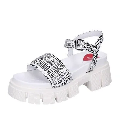 Pre-owned Moschino Schuhe Damen Love  Sandalen Weiss Leder Schwarz Bf666