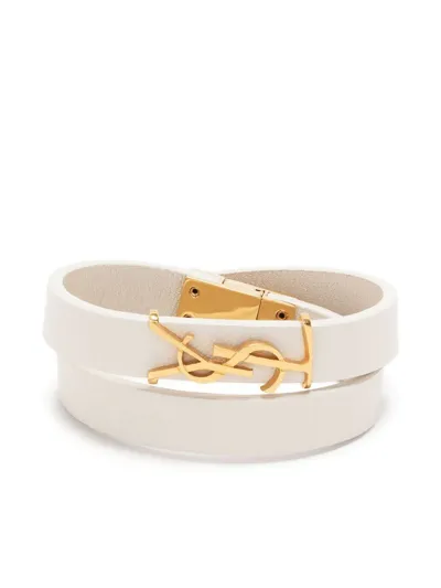 Saint Laurent Ysl Logo-plaque Leather Bracelet In Nude