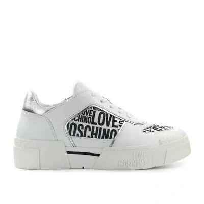 Pre-owned Moschino Love  Text Weiss Silber Sneaker Damen