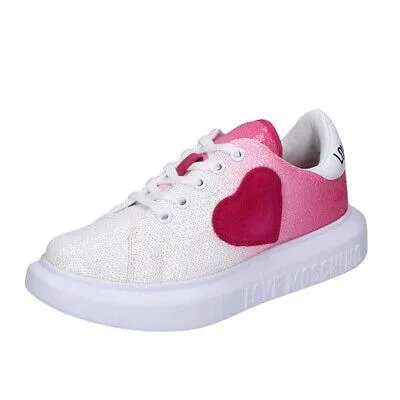 Pre-owned Moschino Schuhe Damen Love  Sneakers Pink Pailletten Weiss Leder Bf687