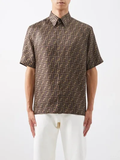 Fendi Logo-print Silk Oversized Shirt In Mud,tobacco