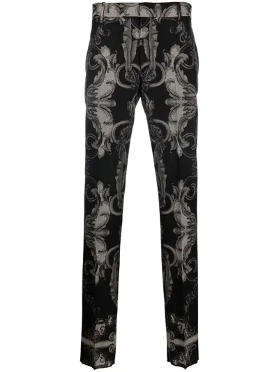 Versace Silver Baroque Wool Trousers In Black