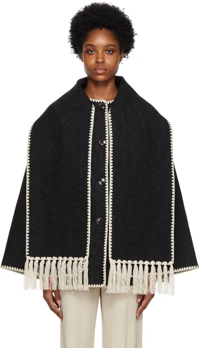 Totême Embroidered Fringe Contrast-trim Scarf Wool Jacket In Dark Grey Melange