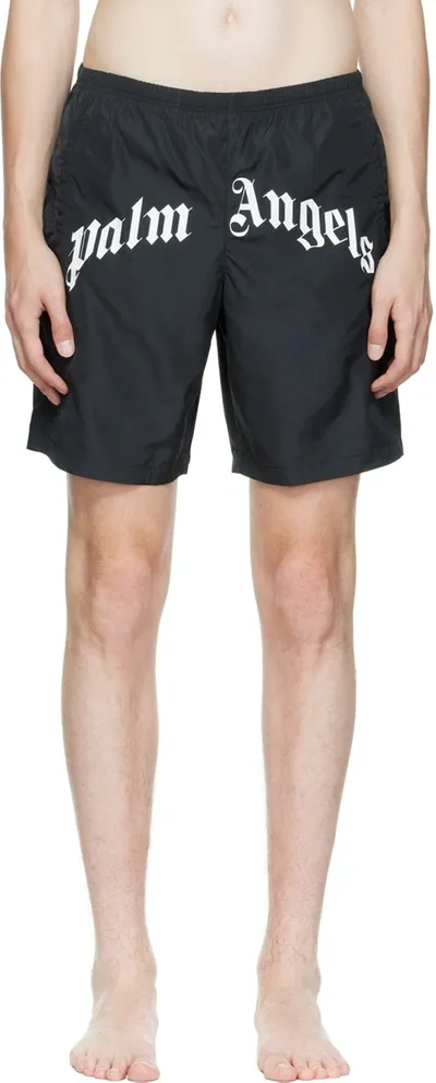 Palm Angels Black Curved Logo Swim Shorts In Black White