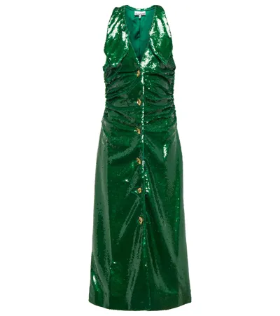 Ganni Sequined Button-front Collared Midi Dress In Green