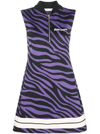 Palm Angels Sleeveless Zebra-print Track Minidress In Purple White