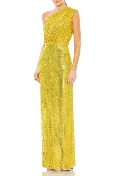 Mac Duggal Sequin One-shoulder Column Gown In Yellow