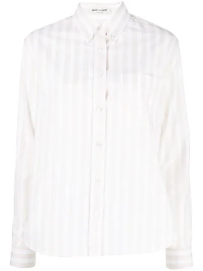 Saint Laurent Embroidered-logo Striped Shirt In Neutrals