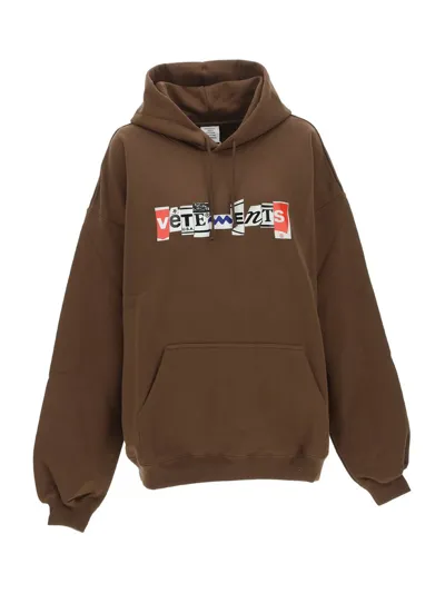 Vetements Logo-print Drawstring Hoodie In Braun