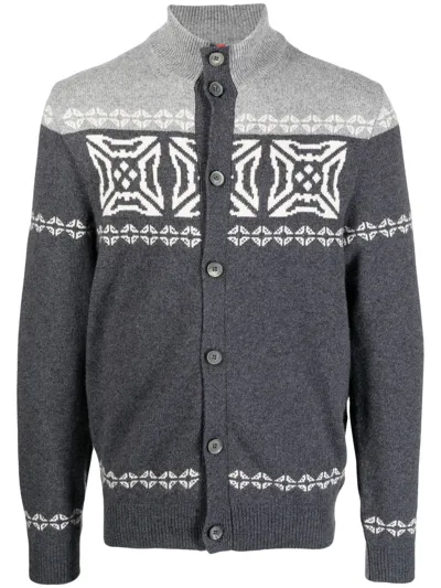 Isaia Fairisle Button-front Cashmere Cardigan In Grey