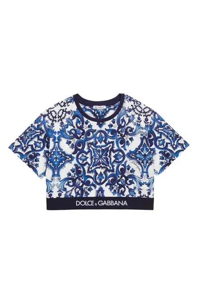 Dolce & Gabbana Kids' White Majolica Print Cotton T-shirt In Blue