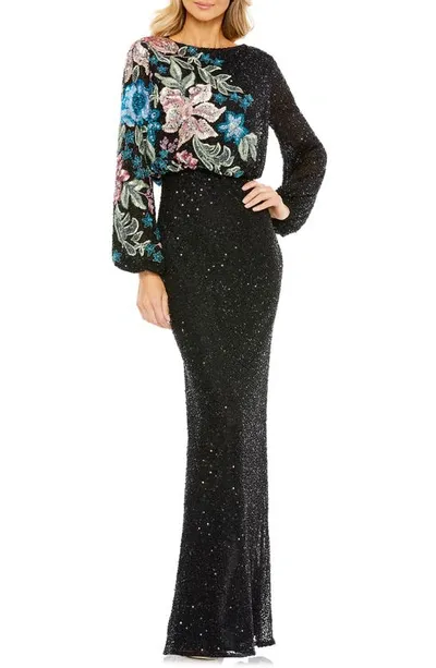 Mac Duggal Floral Emellished Gown In Black Multi