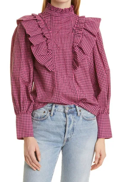 Ganni Seersucker Check Ruffle High Collar Blouse In Pink