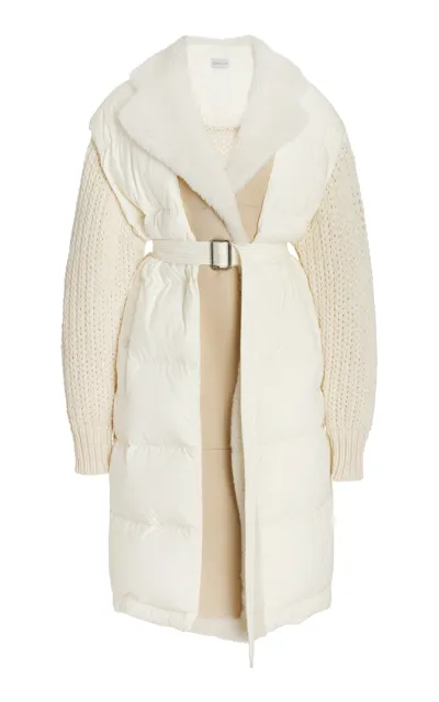 Moncler Shearling-trimmed Down-detailed Wool-blend Long Cardigan In White