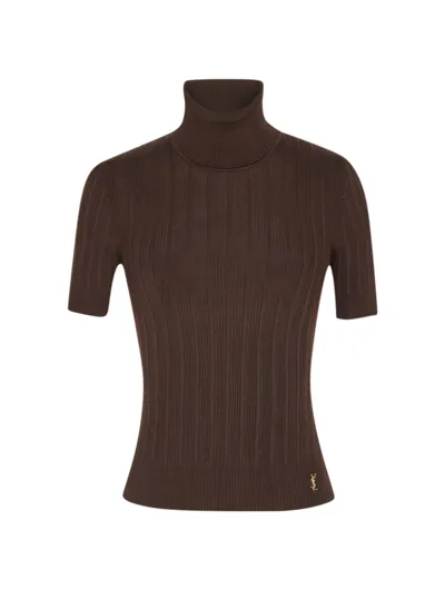 Saint Laurent Rib Short-sleeve Silk Turtleneck Sweater In Maroon