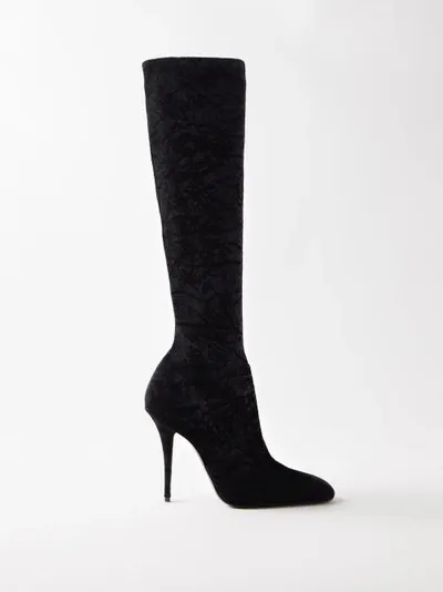 Saint Laurent Talia 110 Crushed-velvet Knee-high Boots In Nero