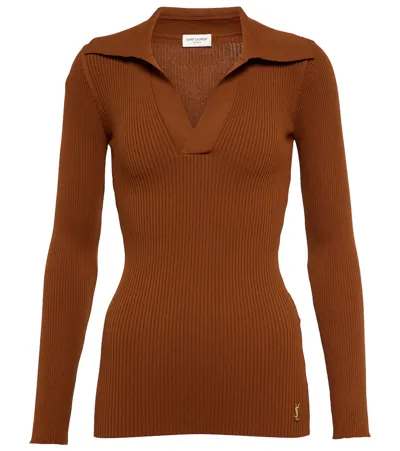 Saint Laurent Embellished Ribbed-knit Polo Sweater In Caramel