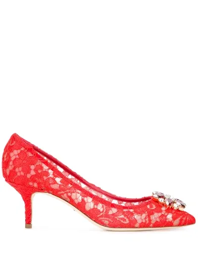 Dolce & Gabbana Lurex Taormina Lace Pumps With Crystals In Red