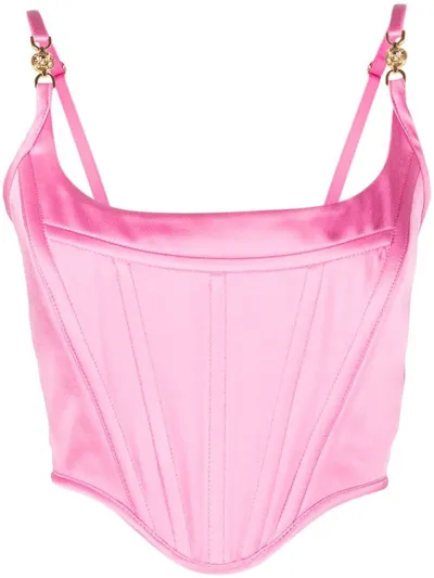 Versace Logo Charm-embellished Corset Satin Top In Pink & Purple