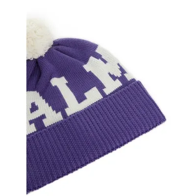 Palm Angels Logo Knitted Pompom Beanie In Purple