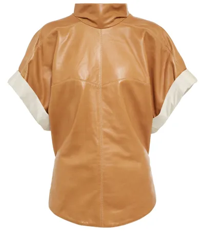 Isabel Marant Baiao Roll-sleeve Leather Top In Brown