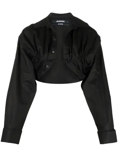 Jacquemus Machou Cropped Cotton And Linen-blend Canvas Shirt In Black