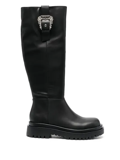 Versace Jeans Couture Baroque-buckle Knee-high Boots In Black