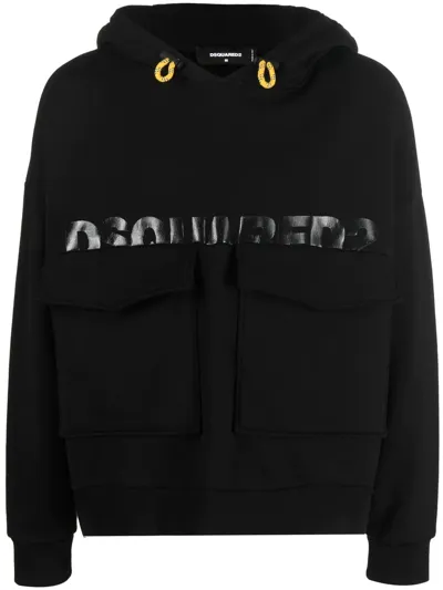 Dsquared2 Logo-print Cargo-pocket Hoodie In Black