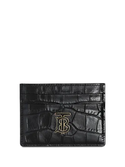 Burberry Tb Croc-embossed Card Case In Black