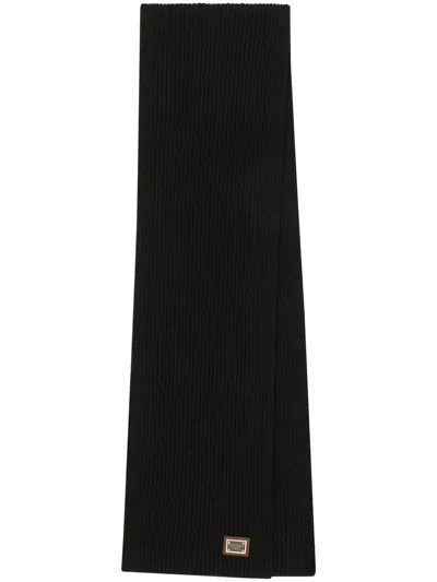 Dolce & Gabbana Gold-tone Logo Patch Cashmere Scarf In Black