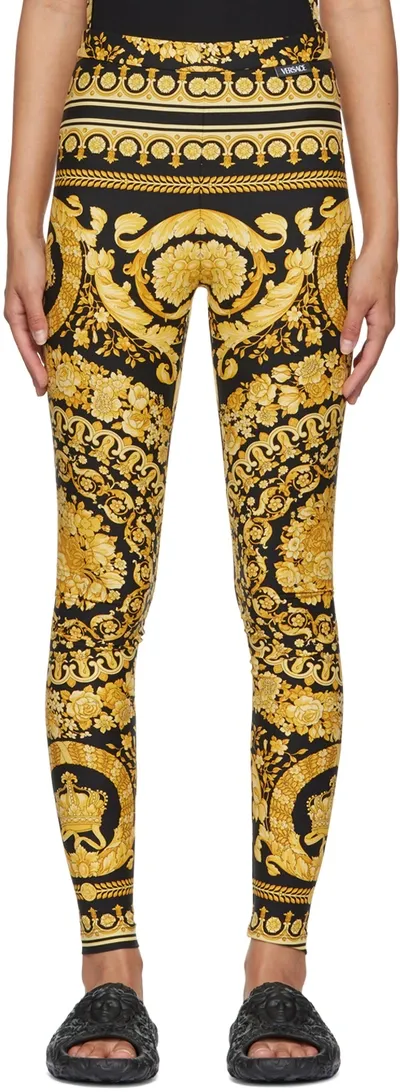 Versace Black And Gold Leggings With Baroque Print In Black Gold