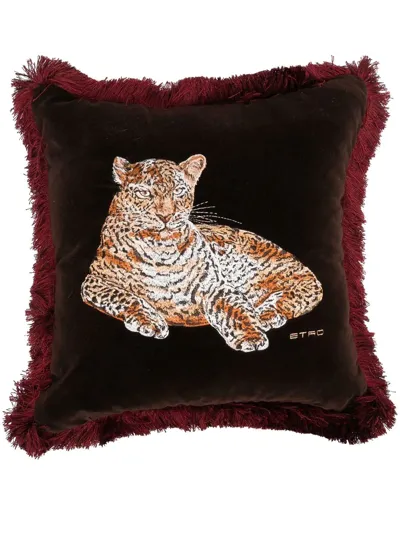 Etro Home Tiger-print Velvet Cushion In Brown