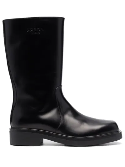 Prada Black Leather Boot With Logo