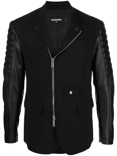 Dsquared2 Men's Black Full Zip Jacket With Leather Sleeves For Ss23