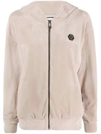 Philipp Plein Skull-appliqué Zip-up Hoodie In Nude