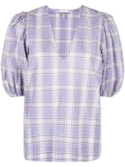 Ganni Purple Checked Print Puff Sleeve Blouse In Check Persian Violet