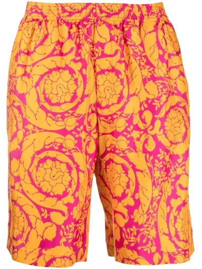 Versace Baroque Print Silk Twill Shorts In Magenta Tangerine