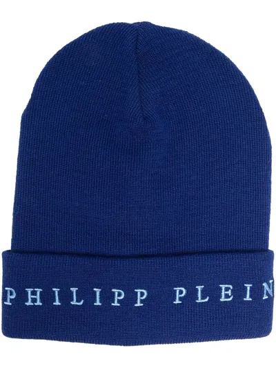 Philipp Plein Embroidered-logo Knit Beanie In Blue