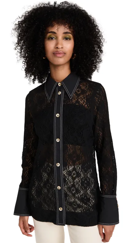 Ganni Lace-panel Recycled Polyester And Cotton-blend Shirt In Black