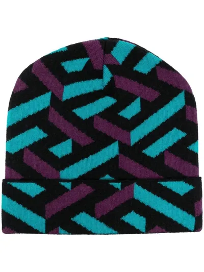 Versace Greca Signature Wool Blend Beanie Hat In Multicolore