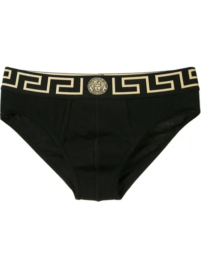 Versace Greca Stretch Briefs Pack Of Two In Black Gold