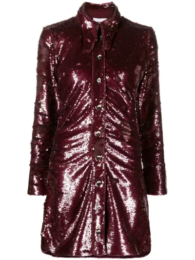 Ganni Sequined Ruched Mini Shirt Dress In Port Royale