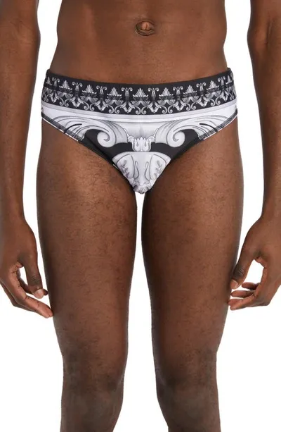 Versace White & Black Reversible Baroque Swim Briefs In Black,white